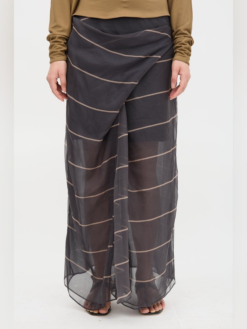 Brunello Cucinelli 100% Silk Striped Draped Maxi Skirt Italy 46